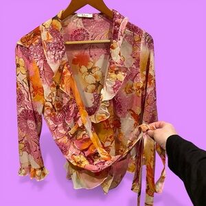 Cute glittery fairycore ruffle wrap top made in Italy sheer floral textured